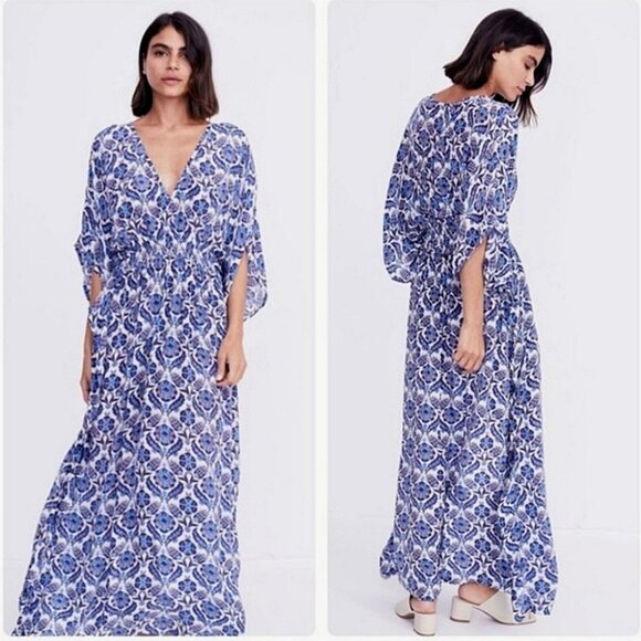 Anthropologie Rujuta Sheth Cinch Kaftan Maxi Dress Blue Lotus S/M Boho Bohemian - Picture 1 of 8